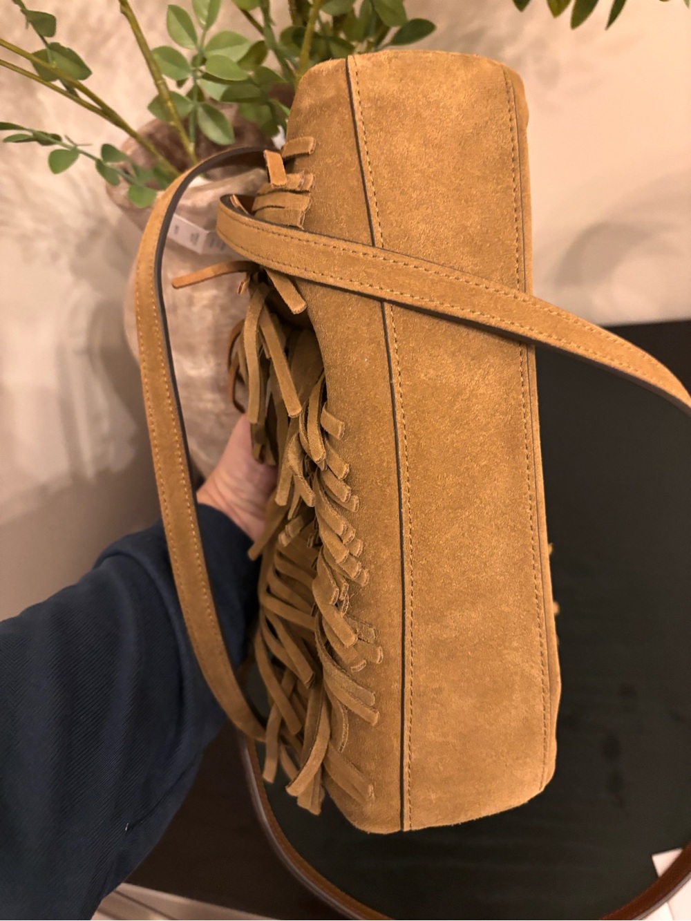 Authentic Faye Fringe Suede Shoulder Top Handle Crossbody Bag Cedar - Picture 10 of 12